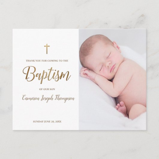 金ゴールドシンプルクロスホワイトカスタムベビーバプテスマ ポストカード (正面)