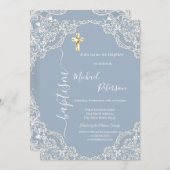 金ゴールドシンプルクロスレースバプティスダスティブルー 招待状 (正面/裏面)