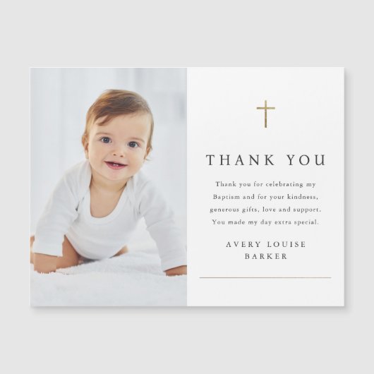 金ゴールドシンプルクロス写真バプテスマありがとう磁石 (正面)