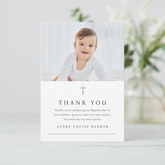 金ゴールドシンプルクロス写真宗教バプテスマ サンキューカード (スタンド正面)