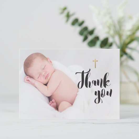 金ゴールドシンプルクロス | ベビーバプテスマありがとう写真 サンキューカード (スタンド正面)