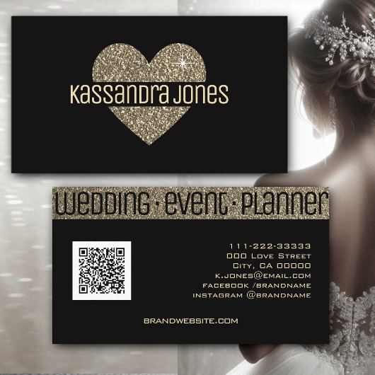 金ゴールドシンプルグリッターラブハートシェイプブラックシック 名刺