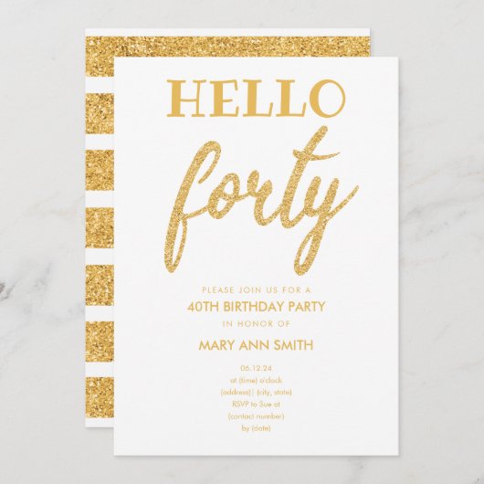 金ゴールドシンプルグリッター「ハローフォーティ」バースデーパーティー 招待状 (正面/裏面)