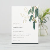 金ゴールドシンプルグリーンユーカリの葉結婚の 招待状 (スタンド正面)