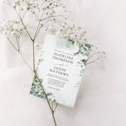 金ゴールドシンプルグリーンリーのシックなユーカリ洗浄結婚 招待状