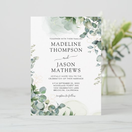 金ゴールドシンプルグリーンリーのシックなユーカリ洗浄結婚 招待状 (スタンド正面)