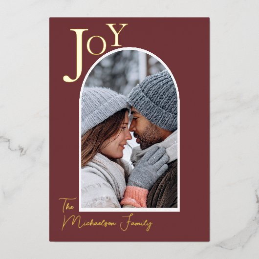 金ゴールドシンプルジョイ家族フォトアーチクリスマスクリスマス 箔シーズンカード (正面)