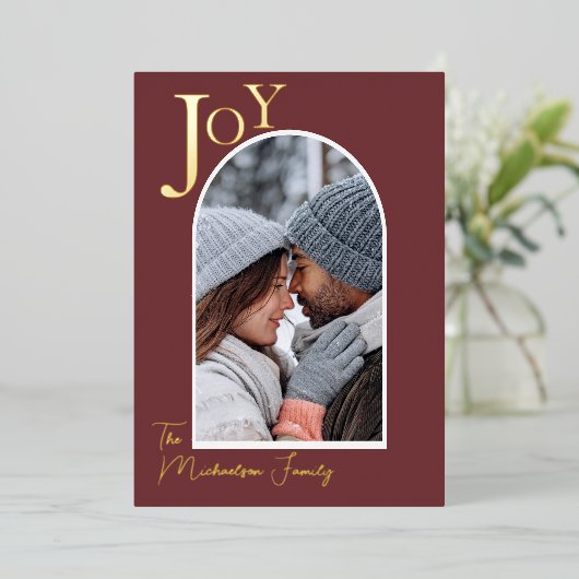 金ゴールドシンプルジョイ家族フォトアーチクリスマスクリスマス 箔シーズンカード (立ち正面)