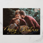 金ゴールドシンプルスクリプトオーバーレイメリークリスマスフォト 箔シーズンカード (正面)