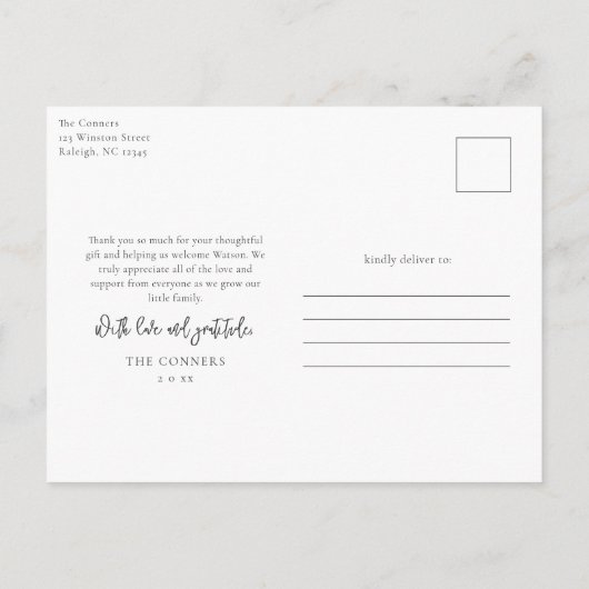 金ゴールドシンプルスクリプト写真ベビーありがとう ポストカード (裏面)