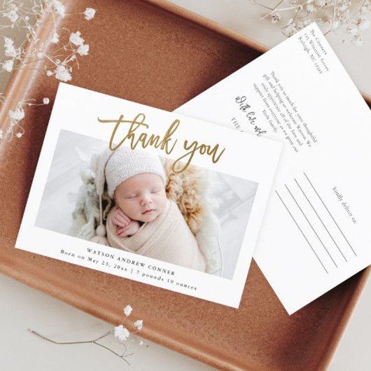 金ゴールドシンプルスクリプト写真ベビーありがとう ポストカード