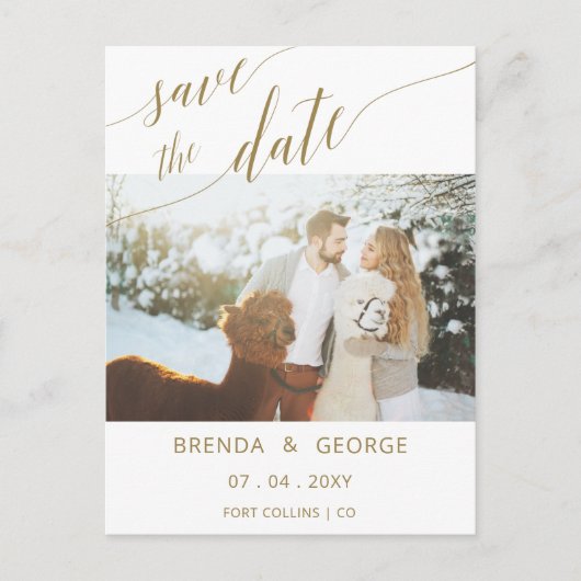 金ゴールドシンプルスクリプト書道写真の日付を保存 案内ポストカード (正面)