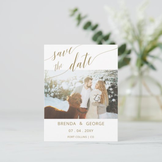 金ゴールドシンプルスクリプト書道写真の日付を保存 案内ポストカード (スタンド正面)