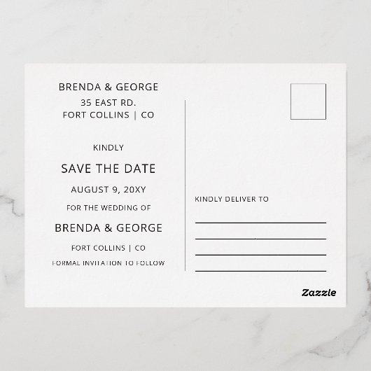 金ゴールドシンプルスクリプト書道写真の日付を保存 箔招待状ポストカード (裏面)