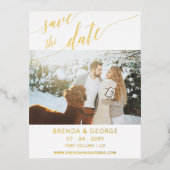 金ゴールドシンプルスクリプト書道写真の日付を保存 箔招待状ポストカード (正面)