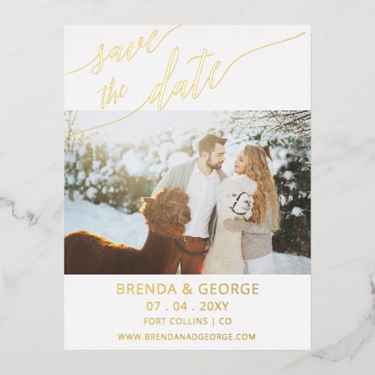 金ゴールドシンプルスクリプト書道写真の日付を保存 箔招待状ポストカード (正面)