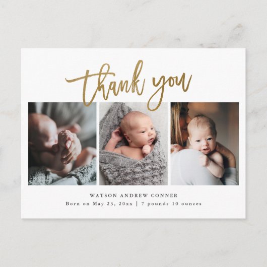 金ゴールドシンプルスクリプト3写真ベビーありがとう ポストカード (正面)