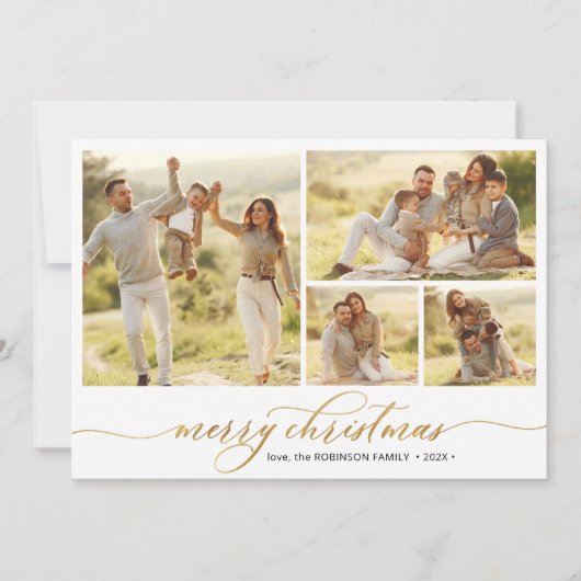 金ゴールドシンプルスクリプト4フォトコラージュクリスマス シーズンカード (正面)