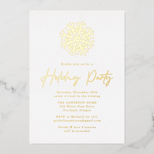 金ゴールドシンプルスノーフレークホリデーパーティー 箔招待状 (正面)