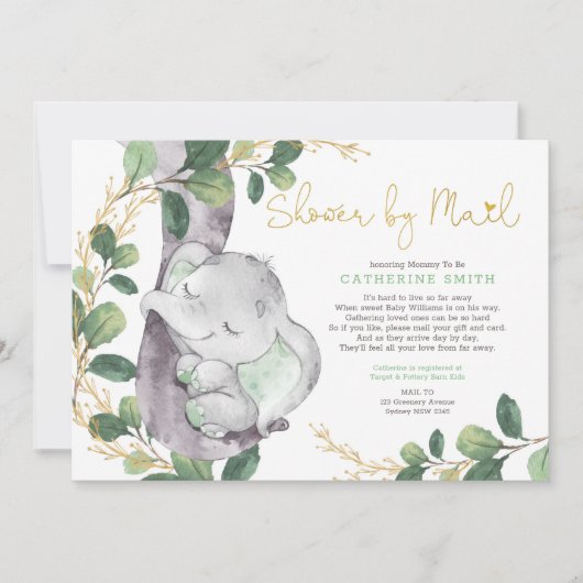 金ゴールドシンプルゾウの赤ちゃんシャワー(郵便) 招待状 (正面)