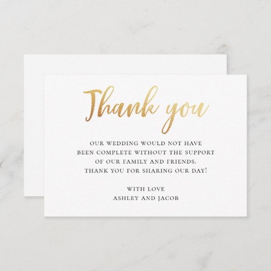 金ゴールドシンプルタイポグラフィ結婚ズ。書モダン跡 サンキューカード (正面/裏面)