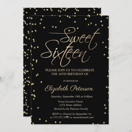 金ゴールドシンプルダイアモンズブラックスウィート16招待状 招待状 (正面/裏面)