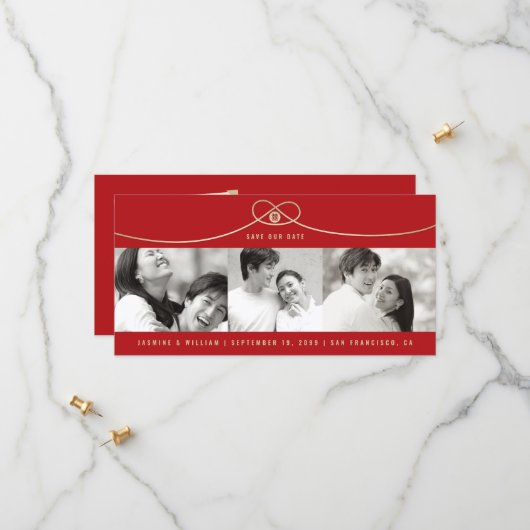 金ゴールドシンプルノットダブルハピネス3写真中国の セーブザデート (正面/裏面インサイチュ)