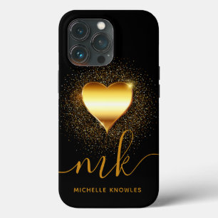 金ゴールドシンプルハート名前をカスタムする及びモノグラム iPhone 13 PROケース