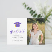 金ゴールドシンプルパープル卒業キャップタッセル 招待状 (スタンド正面)