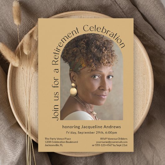 金ゴールドシンプルフォトアーチ退職パーティー 招待状