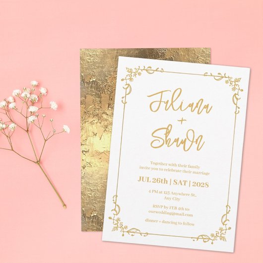 金ゴールドシンプルフローラ結婚式招待状 招待状