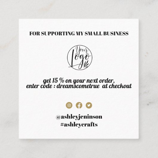 金ゴールドシンプルブラックレトロスクリプトの感謝してい順序 スクエア名刺 (裏面)