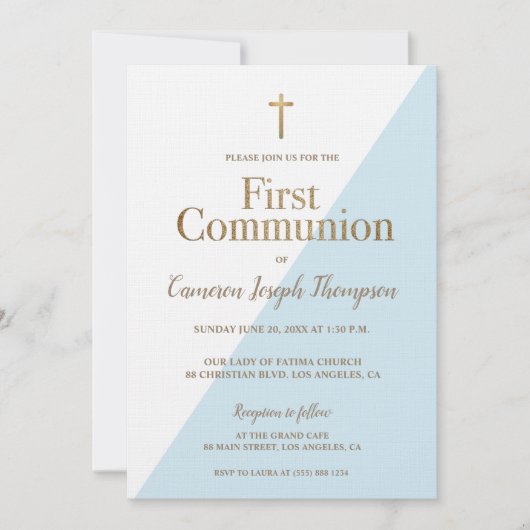 金ゴールドシンプルブルー第一聖餐式 招待状 (正面)