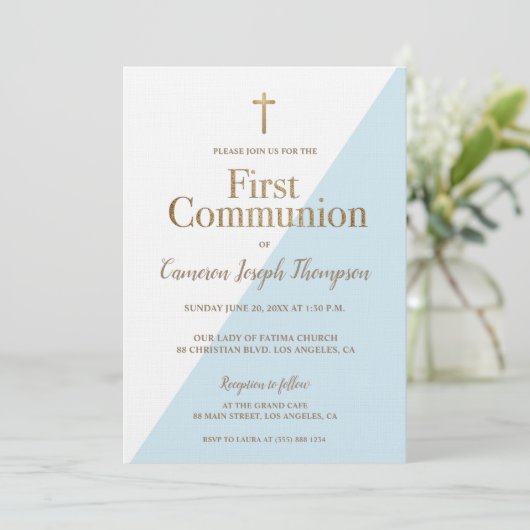 金ゴールドシンプルブルー第一聖餐式 招待状 (スタンド正面)