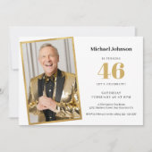 金ゴールドシンプルホワイト写真任意の年齢の誕生日パーティー 招待状 (正面)