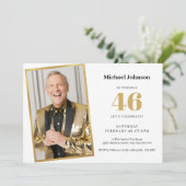 金ゴールドシンプルホワイト写真任意の年齢の誕生日パーティー 招待状 (スタンド正面)