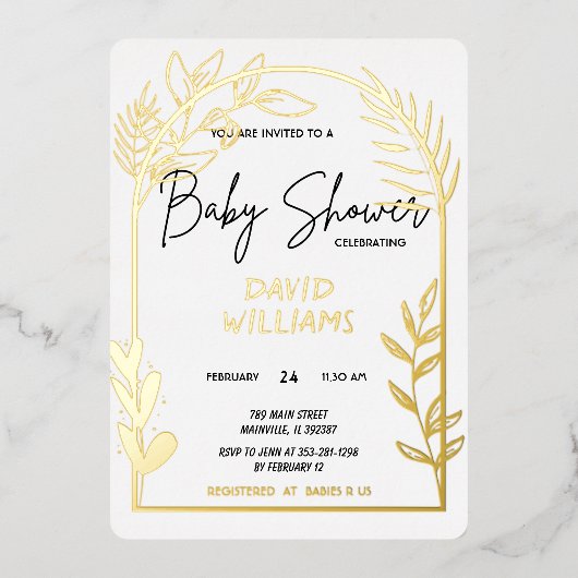 金ゴールドシンプルホワイト及びベビーシャワー箔招待状 箔招待状 (正面)