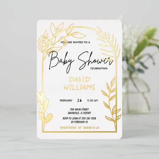 金ゴールドシンプルホワイト及びベビーシャワー箔招待状 箔招待状 (立ち正面)