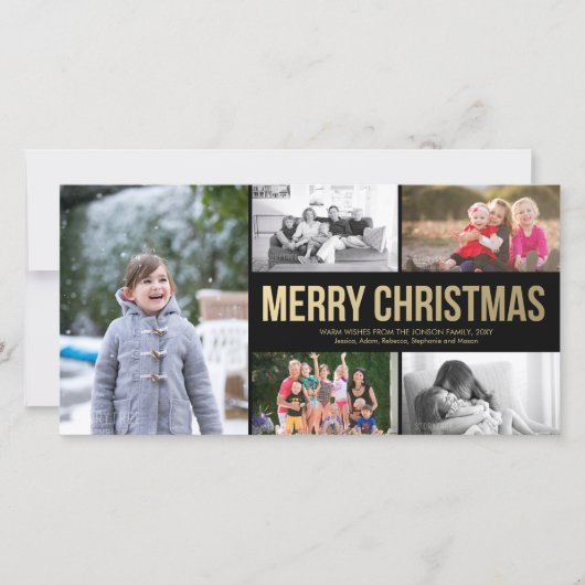 金ゴールドシンプルメリークリスマスコラージュ5フォトカード シーズンカード (正面)