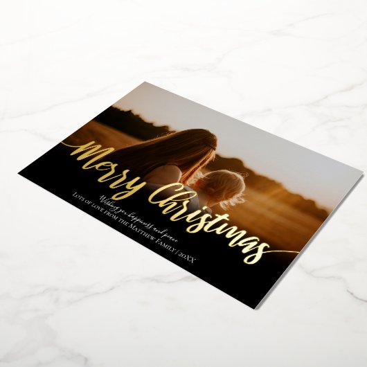 金ゴールドシンプルメリークリスマスファミリーフォトホリデー 箔シーズンカード (回転した状態)