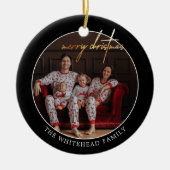 金ゴールドシンプルメリークリスマスフォトブラック セラミックオーナメント (正面)