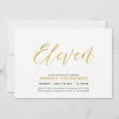 金ゴールドシンプルモダンレタリング11thバースデーパーティー 招待状 (正面)