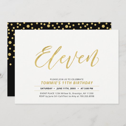 金ゴールドシンプルモダンレタリング11thバースデーパーティー 招待状 (正面/裏面)