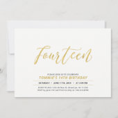 金ゴールドシンプルモダンレタリング14thバースデーパーティー 招待状 (正面)