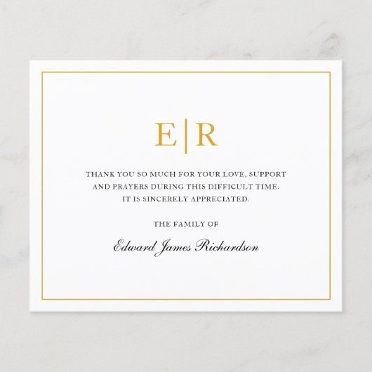 金ゴールドシンプルモノグラム葬儀予算サンキューカード (正面)