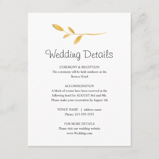 金ゴールドシンプルリーフ。美しい結婚詳細情報 エンクロージャーカード (正面)