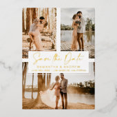 金ゴールドシンプル保存日付3 photo grid collage 箔招待状 (正面)