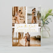 金ゴールドシンプル保存日付3 photo grid collage 箔招待状 (立ち正面)