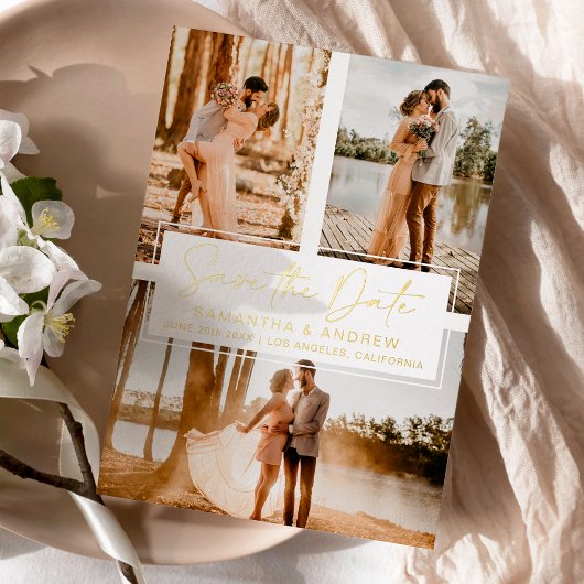 金ゴールドシンプル保存日付3 photo grid collage 箔招待状