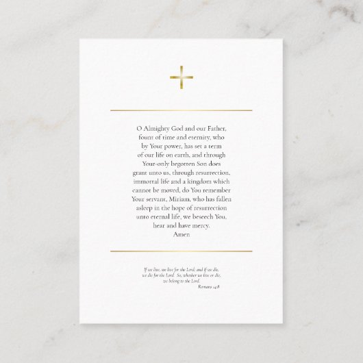 金ゴールドシンプル写真正当葬式祈りの言葉カード プレイスカード (裏面)